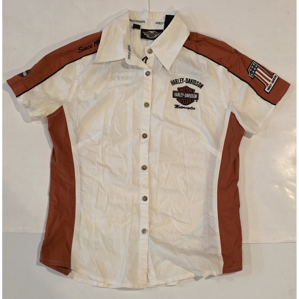 Harley-Davidson Motorcycle Women's Small Button-Up Shirt White Orange Black #1